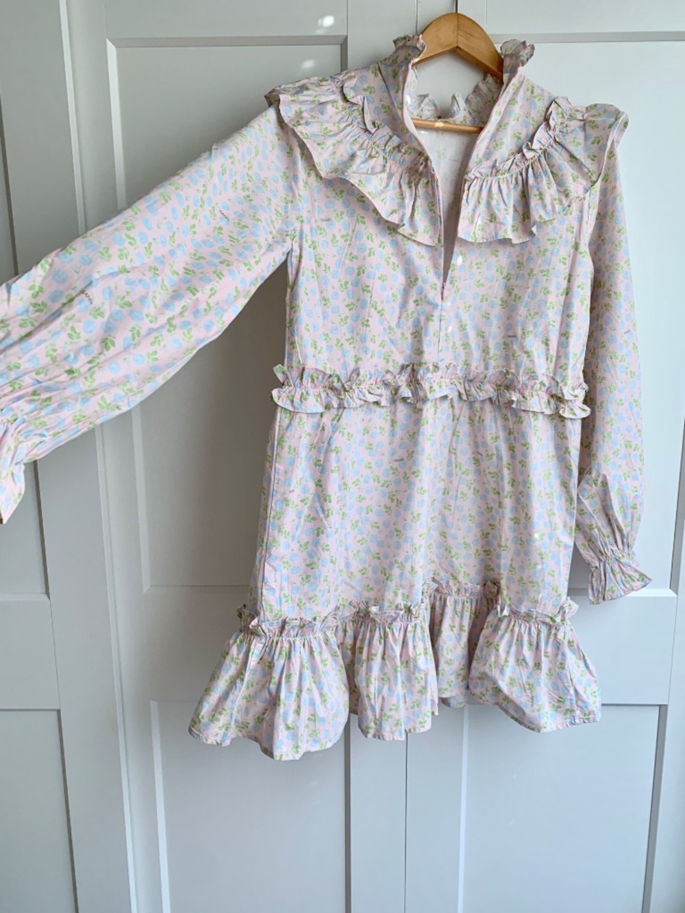 Ganni Ruffle Floral-Print Mini Dress 100% Cotton size 42 US L NWT - Picture 7 of 13
